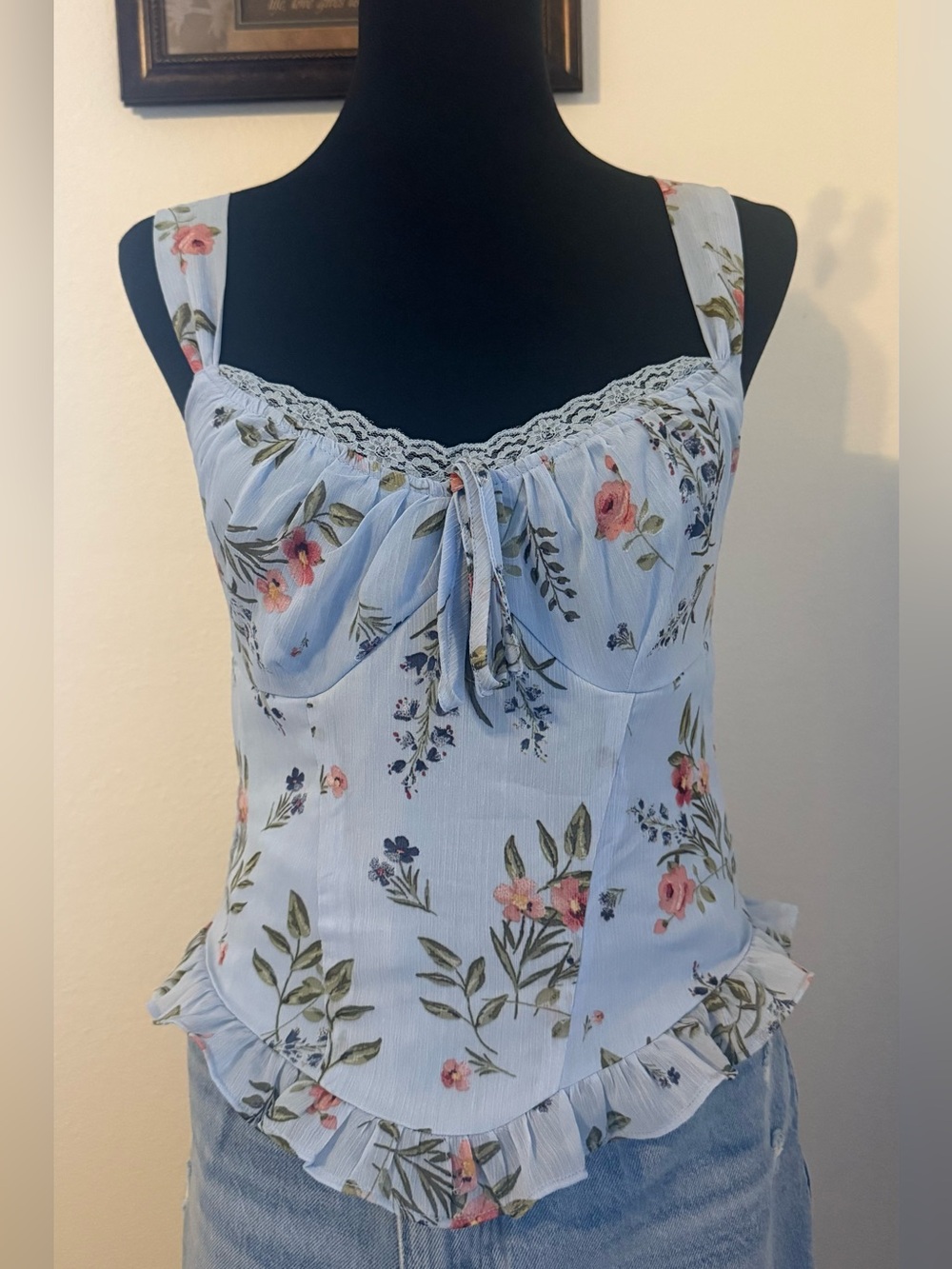 Lulus Floral Lace Trim Ruffle Corset Top – Blue – Size M – New Without Tags
